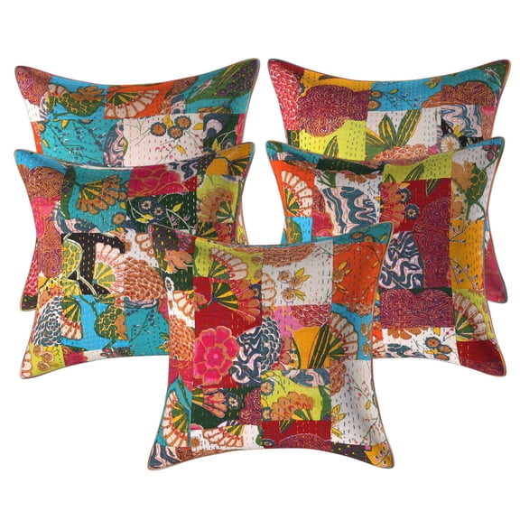 Stylo Culture Indian Decorative Throw Pillow Covers 16x16 Kantha Patchwork Multi Color Traditional 40x40 cm Home Decor Cotton Tropicana Square Cushion Covers | Set Of 5