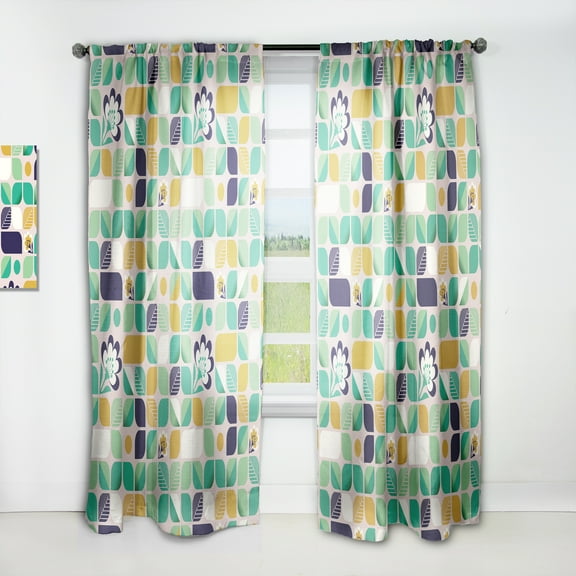 Designart 'Leaves and Flowers With Geometric Pattern' Mid-Century Modern Curtain Panel