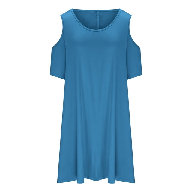Yuyuzo Robes pour Femmes Grande Taille à Épaules Dénudées à Manches Courtes Col Ras du Cou Robe Mini Robe T-Shirt Décontractée avec Poches