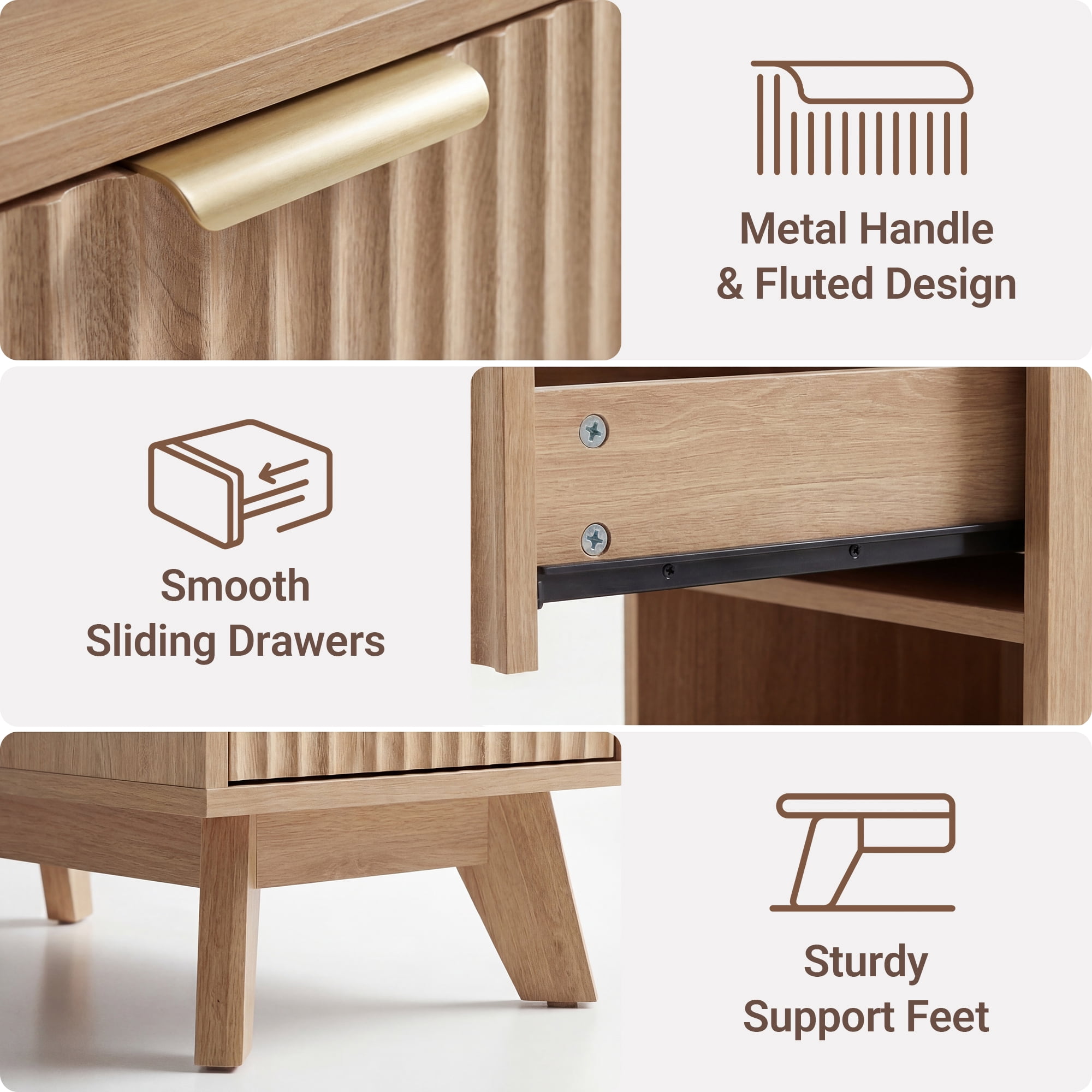 YDN Tall Nightstand Set of 2 - Modern Bedside Table with Fluted Design & Charging Station, Wooden Bedsides End Table with 2 Drawers and Storage Shelf for Bedroom, Living Room,Nature