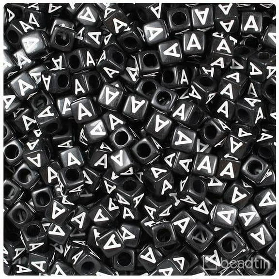 BeadTin Black Opaque 6mm Cube Alpha Beads - White Letter A (80pcs)
