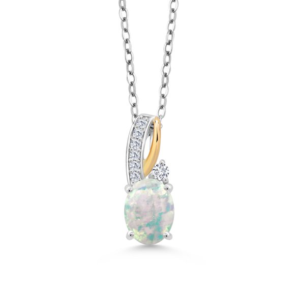 Gem Stone King 2 Tone 10K Yellow Gold and 925 Sterling Silver 1.09 Ct Oval Cabochon White Simulated Opal White Lab Grown DiamondPendant