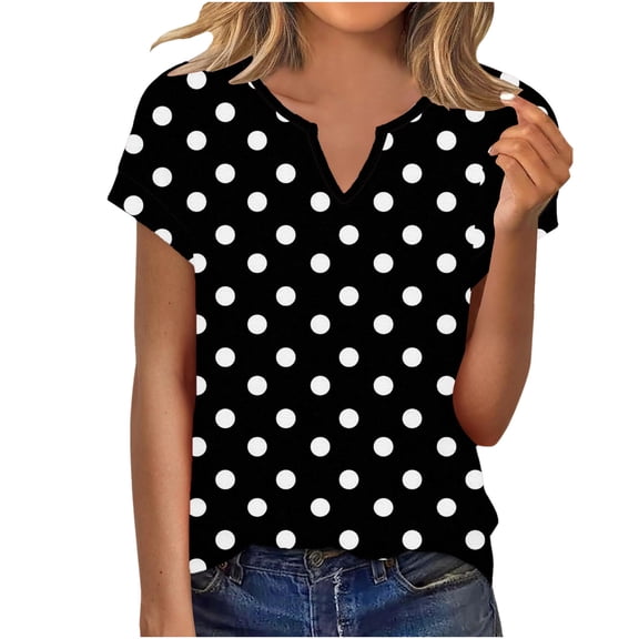 Htigea Womens Polka Dot T Shirts Short Sleeve V Neck Tops Summer Casual Loose Basic Tee Shirt Black S