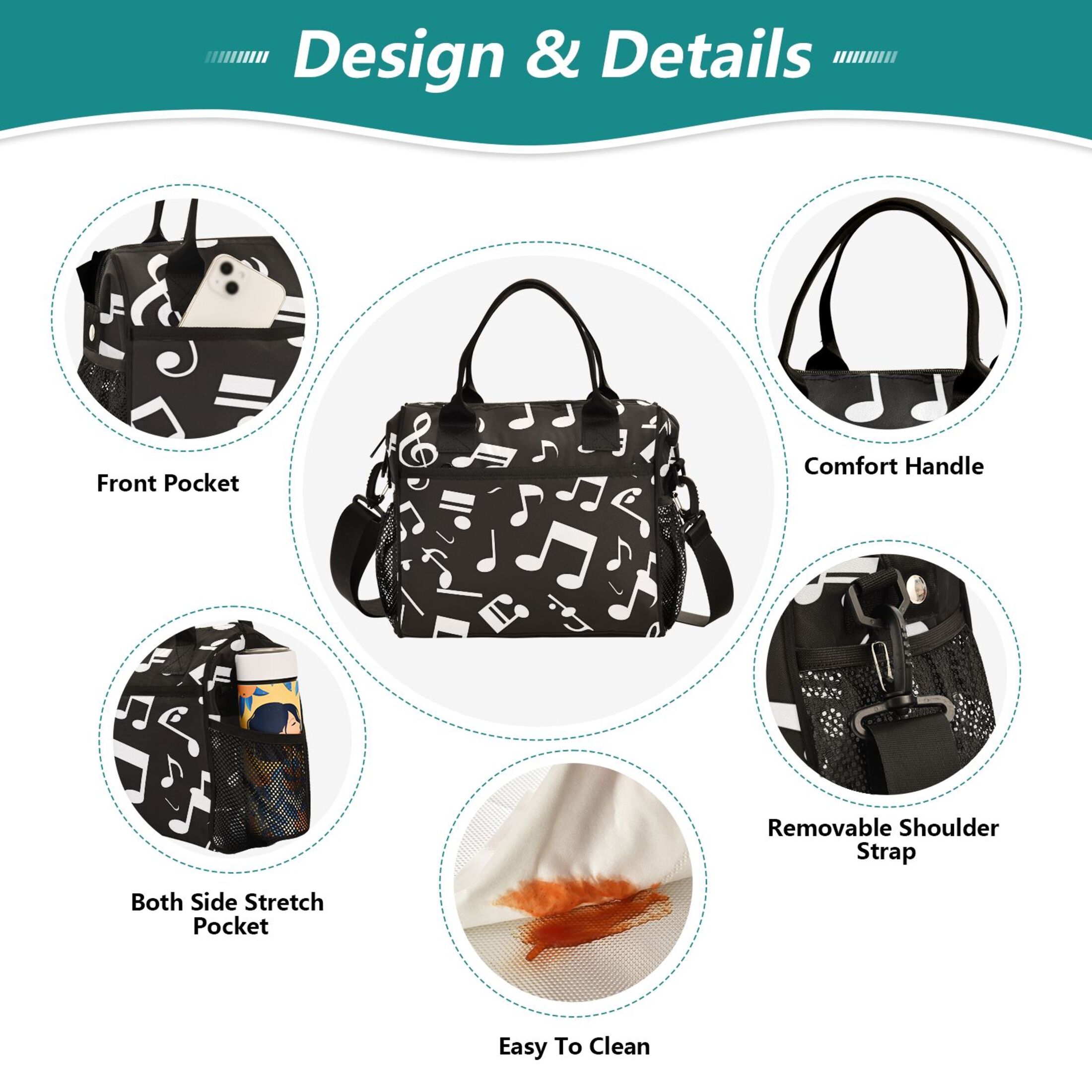 ALAZA Musical Note Pattern Insulated Lunch Bag Reusable Tote Box Adjustable Shoulder Strap for Work Picnic