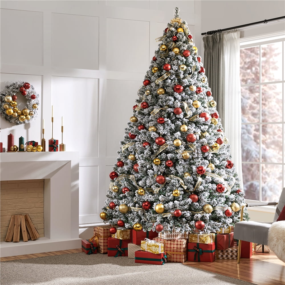 Alden Design 9ft Flocked Artificial Christmas Tree with Foldable Stand, Green