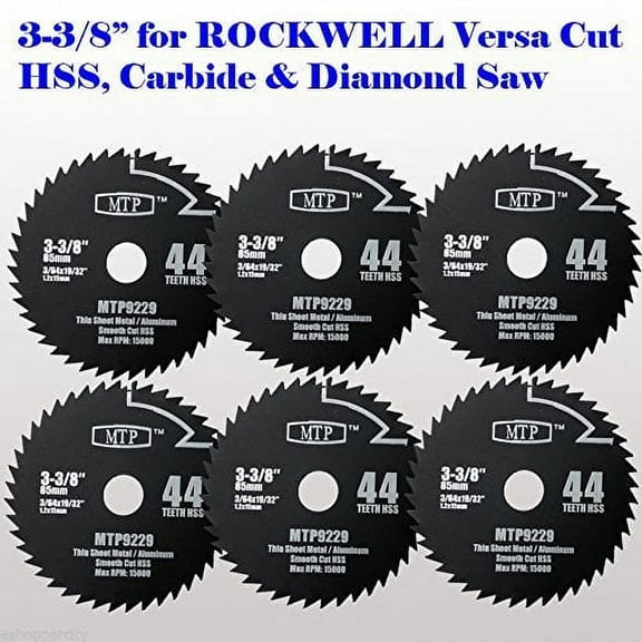 MTP Branded Pack of 6 HSS 44T Metal / Wood   3-3/8-inch WOOD Circular Saw Blade for Rockwell Versacut Versa Cut, Makita Cordless 3-3/8" , Craftsman Nextec , Arbor Size 15mm 19/32" 0.59"