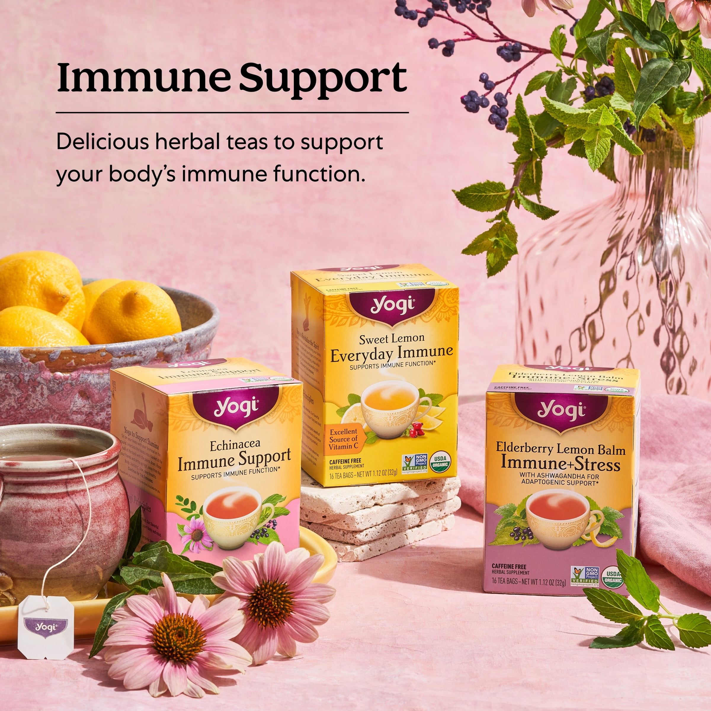 (4 pack) Yogi Elderberry Lemon Balm Immune Plus Stress, Organic Herbal  Wellness Tea Bags, 16 Count