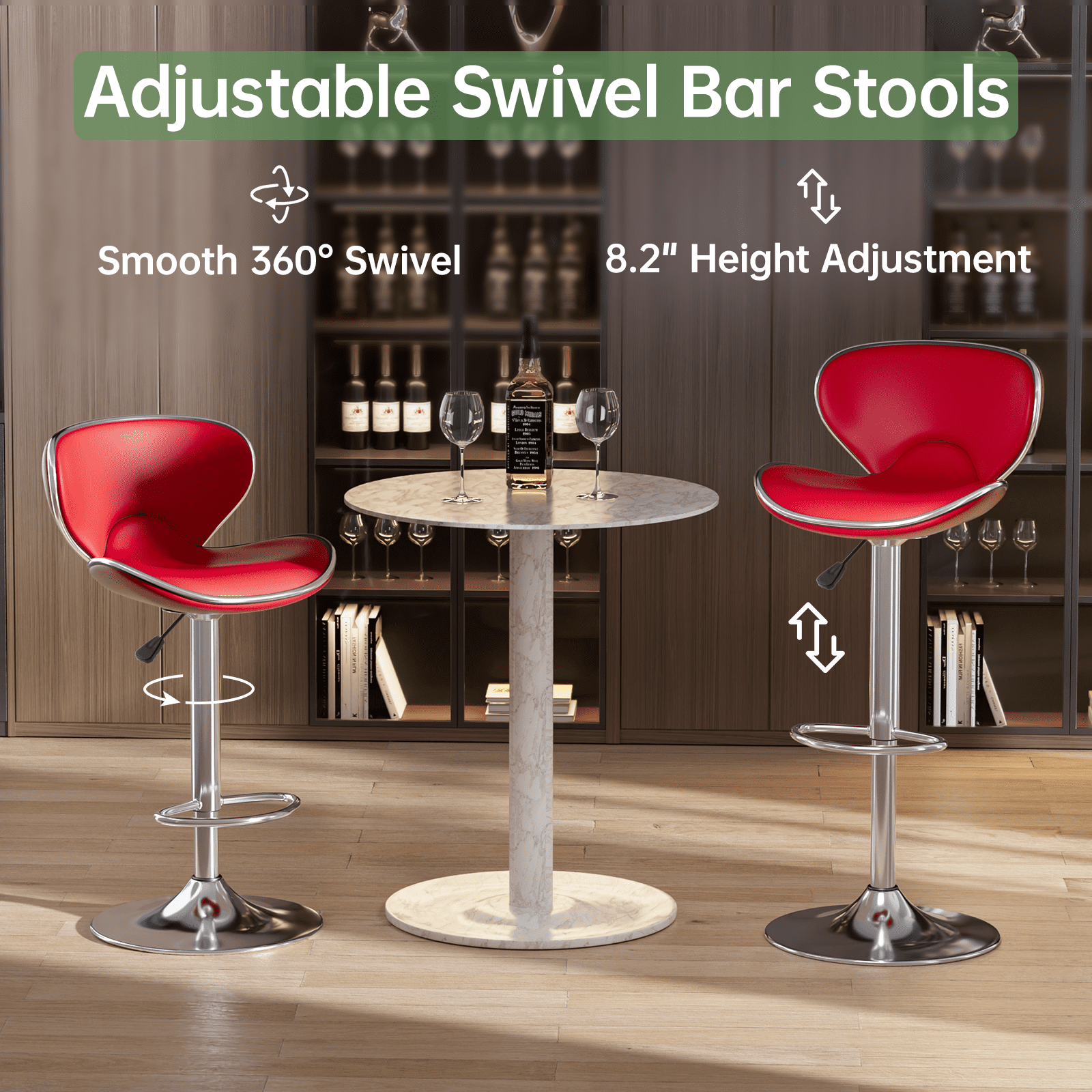 Bar Stools Set of 4, PU Leather Adjustable Swivel Bar Chairs for Kitchen Counter Island, Modern Armless Shell-Shaped Counter Height Stools for Dining Room Café Pub (Red)