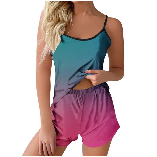 Sexy Pijama Conjunto para las Mujeres Gradiente Eslinga sin Mangas Tanque Empalme Pantalones Cortos Casual Pijamas Conjunto, Poliéster