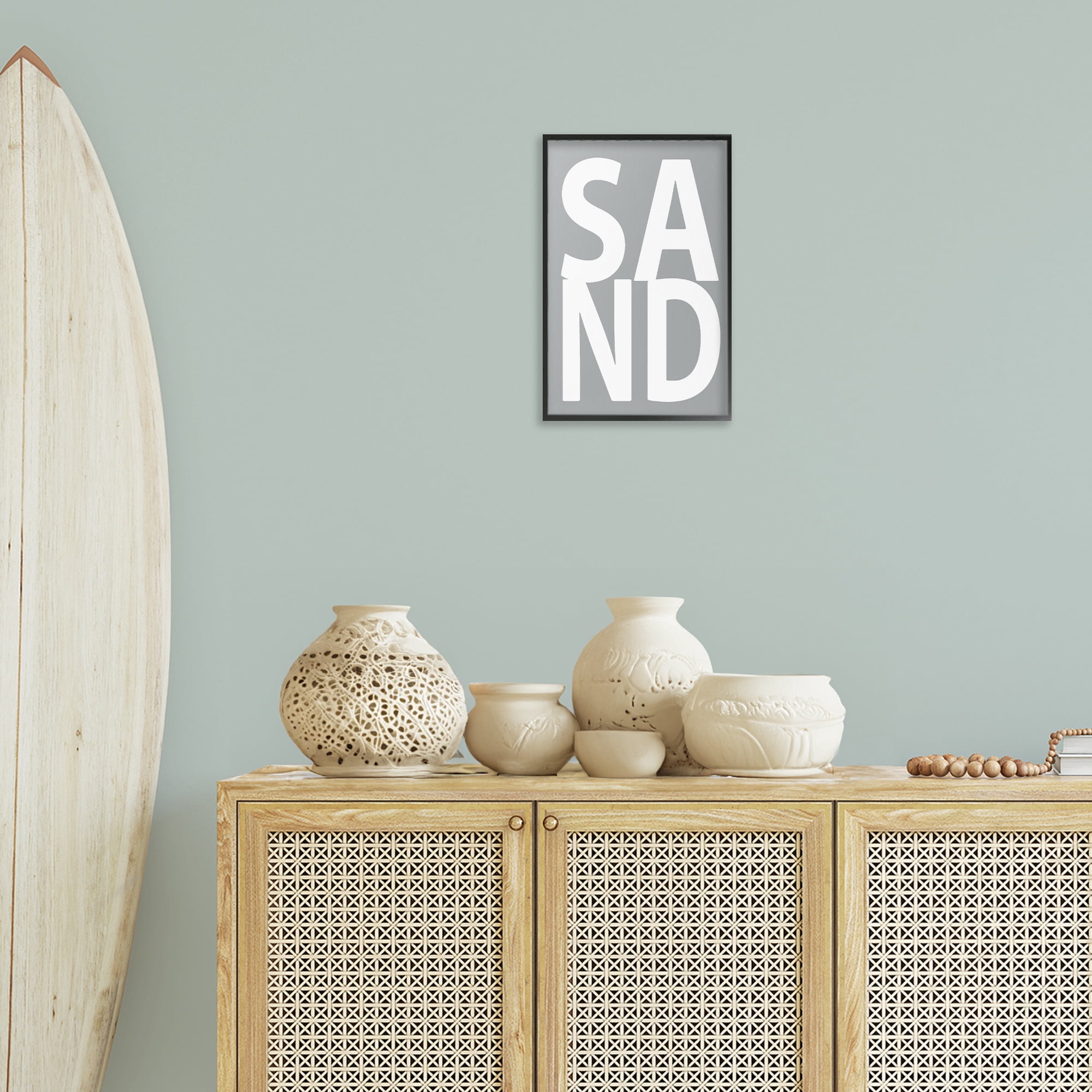 Stupell Industries Sand Word on Grey Typography Painting Black Framed Art Print Wall Art, 12 x 18