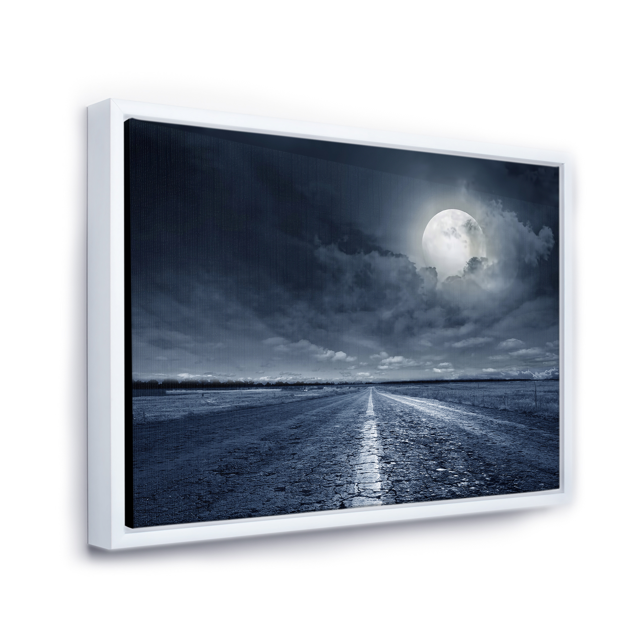 Designart 'Cloudy Full Moon Over Asphalt Road I' Nautical & Coastal Framed Canvas Wall Art Print