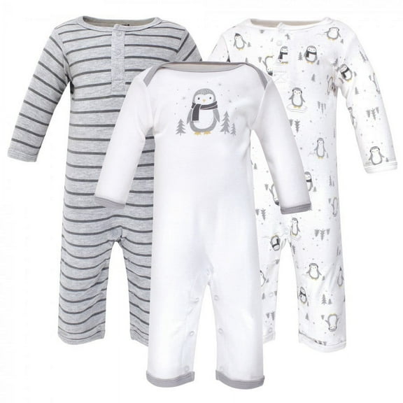 Hudson Baby Infant Cotton Coveralls 3pk, Gray Penguin, 0-3 Months