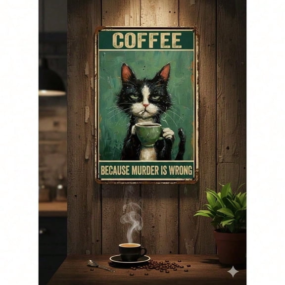 HELLOYOUNG Retro Black Cat Coffee Tin Sign Vintage Wall Decor A4 Metal Plaque Funny Art for Bar Kitchen Cave