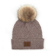 C.C Diagonal Criss Cross Pattern Suede Patch Snuggly Soft Pom Cuff Beanie, Light Taupe Mix