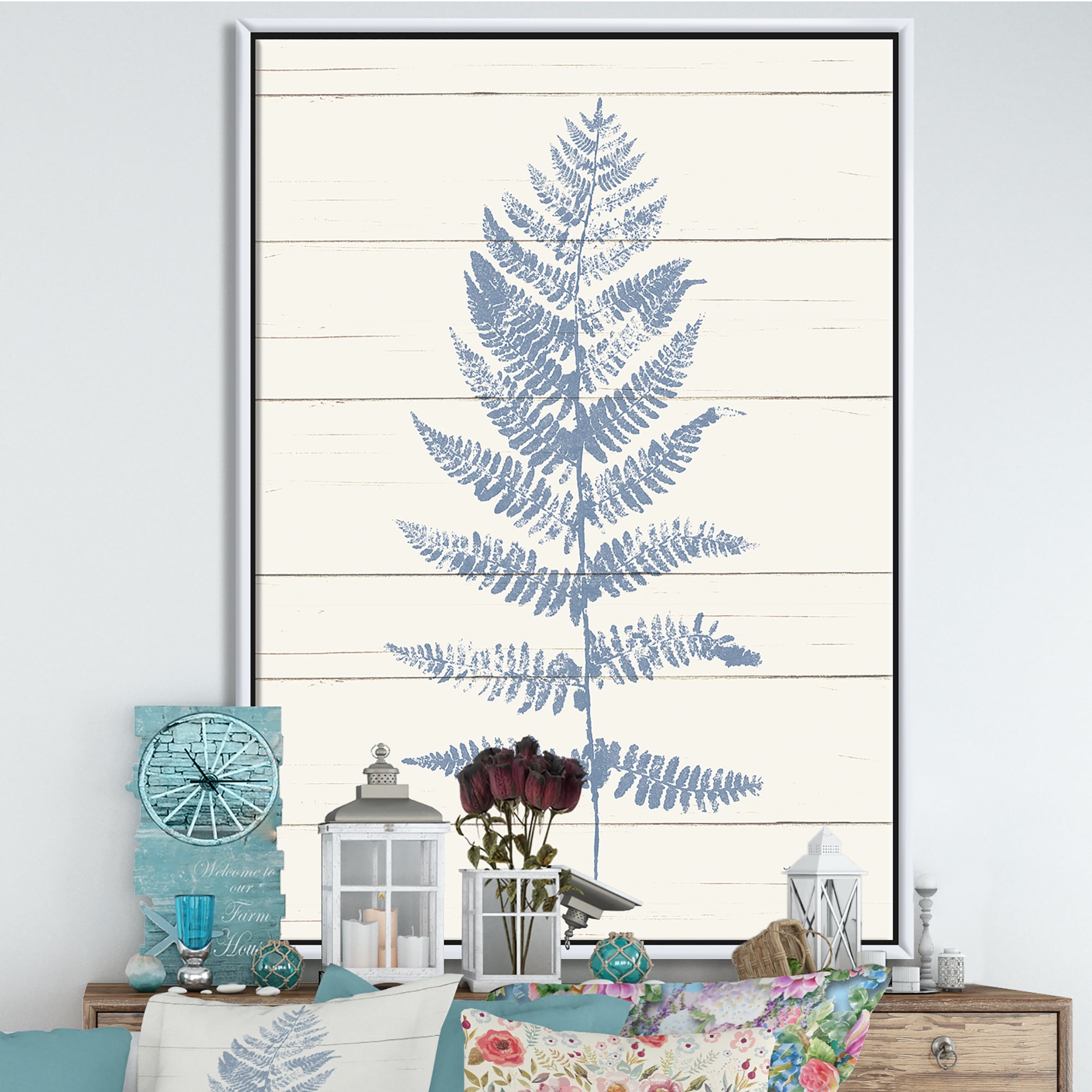 Designart ' Blue Fern Print on wood II ' cabin & Lodge Framed Canvas