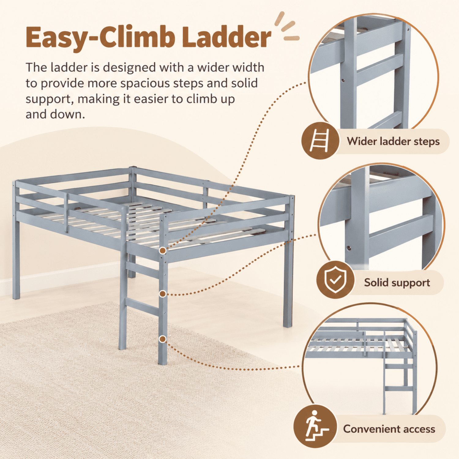Miniyam Full Loft Bed for Kids, Solid Wood Frame with Ladder and Guardrails, Space-Saving Design, Gray
