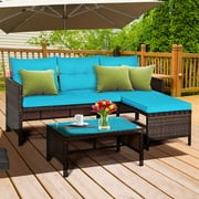 Gymax 3PCS Outdoor Rattan Furniture Set Patio Couch Sofa Set w/ Turquoise Cushion