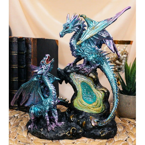 Dueling Dragons Family On Faux Emerald Quartz Geode LED Light Mountain Figurine