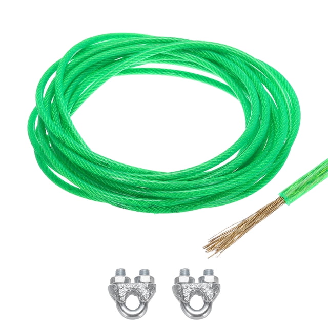 Uxcell 1/4 Green Vinyl Coated Wire Ropes 20ft Galvanized Steel with 2PCS M6 Loop Sleeves