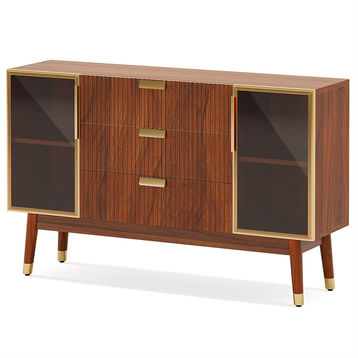 Demi Bonn 55" Sideboard Buffet Storage Cabinet with 3 Drawers, Mid-Century Credenza Accent Cabinet for Kitchen Entryway Living Dining Room, Brown