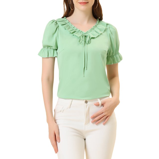 Allegra K Women's Tie Neck Ruffle Neck Blouse Puff Sleeve Ruffle Cuff Solid Tops XS Light Green