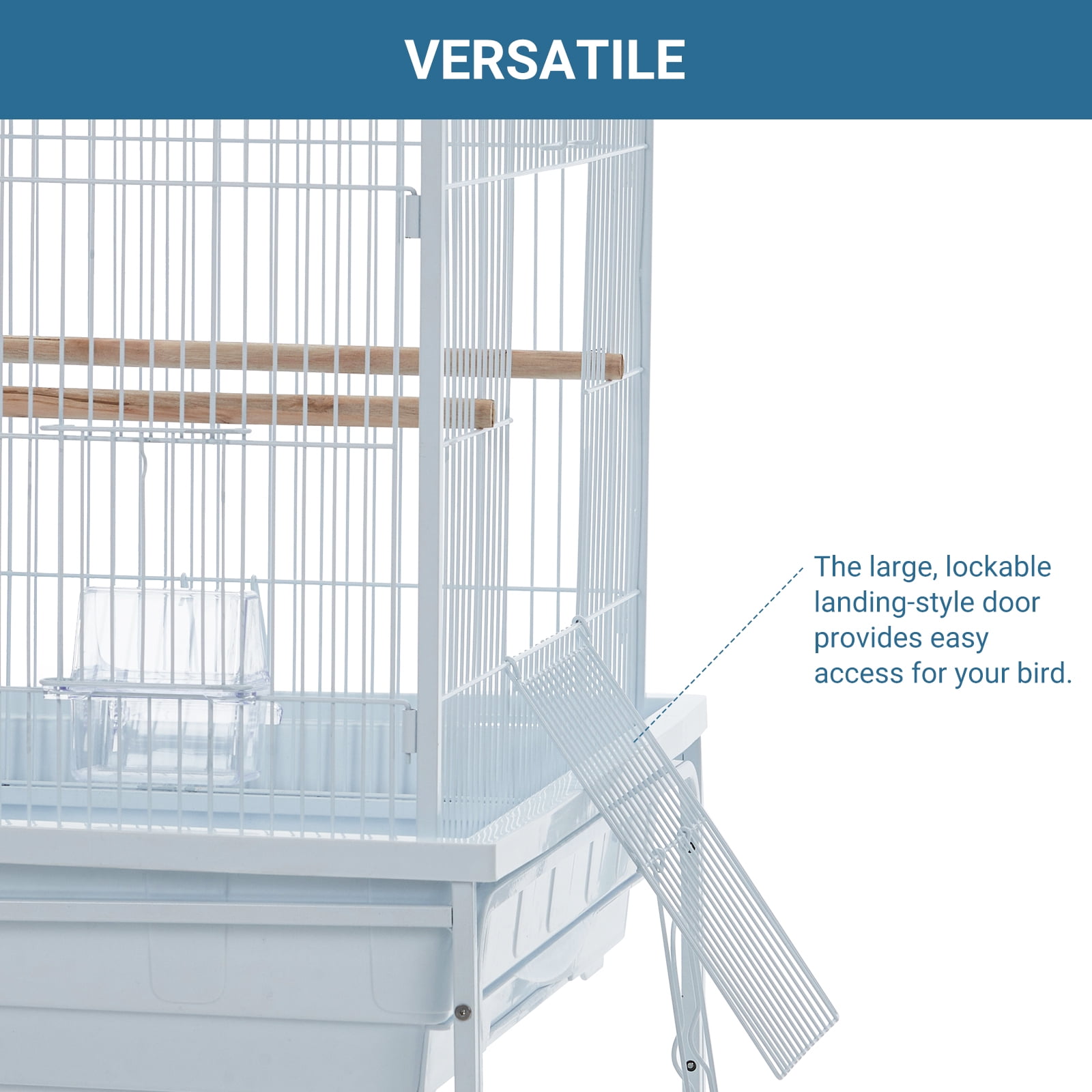 Spacious Metal Bird Cage with Play Top – Rolling Stand. Storage Shelf. -Out Tray – Flight Cage for Parrots. Cockatiels. Conures. Parakeets. Budgies. Lovebirds. Finches. Canaries – White