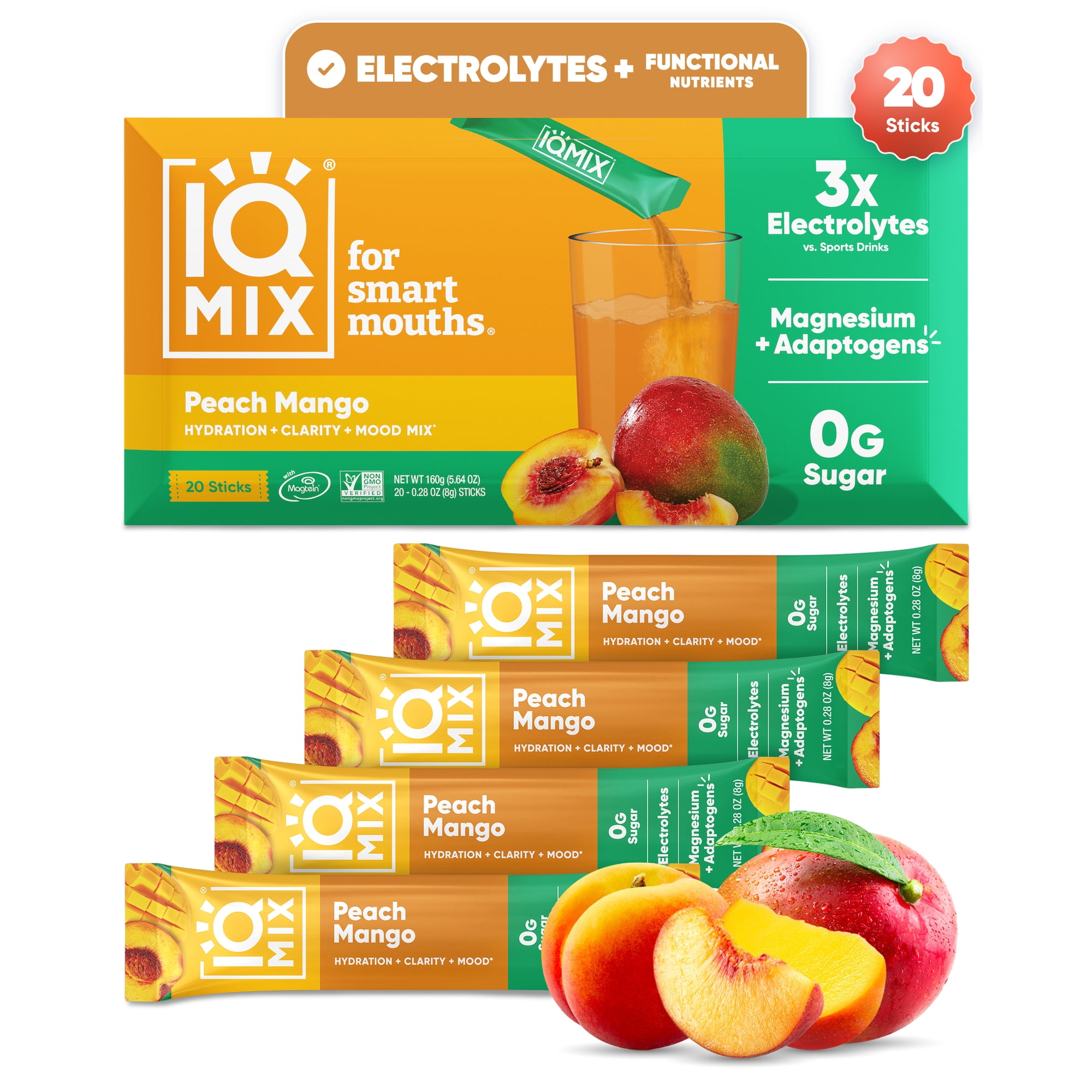 IQMIX Sugar Free Electrolyte Powder Packets - Keto Electrolytes with Lions Mane, Magnesium L-Threonate, Potassium Citrate - Peach Mango (20-Count)