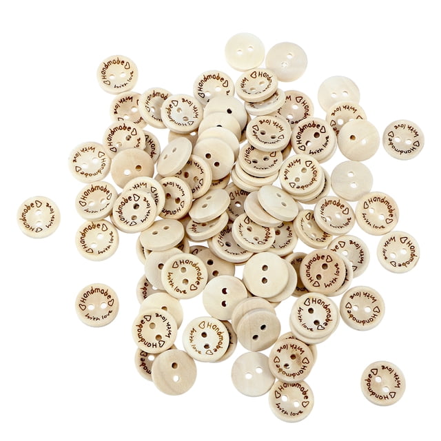 GOOHOCHY 100 botones de madera "hechos a mano con amor". Botones con letras en forma de cuenco para coser, scrapbooking y ropa (15 mm).