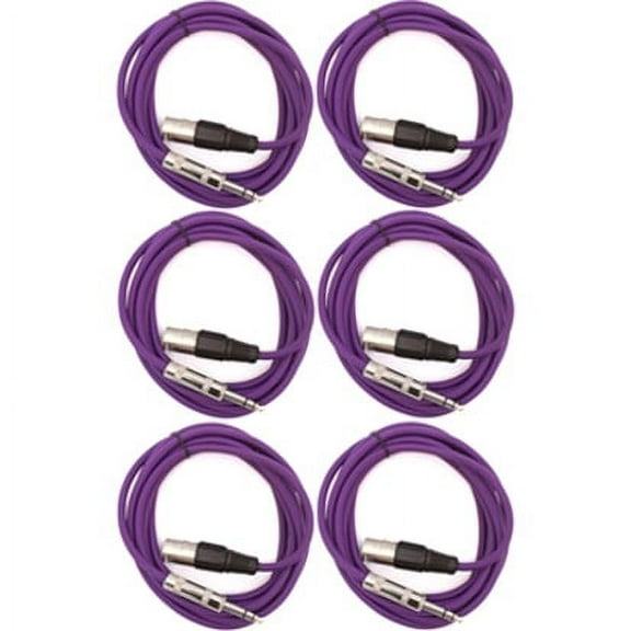Seismic Audio SATRXL-M10, 6 Pack of Purple 10 Foot XLR Male to TRS Patch Cables