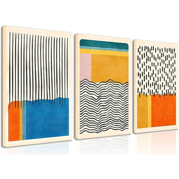 Midcentury Modern Framed Wall Art for Living Room Set of 3 Mid Century Modern Abstract Canvas Painting Print Boho Color Blocks Home Decor Colorful Minimalist Pictures for Bedroom 12"x16"x3