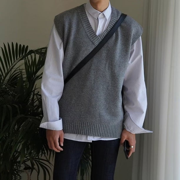 Suéter de cuello en V para hombre, suéter de punto suelto de moda, chaleco sin mangas de otoño