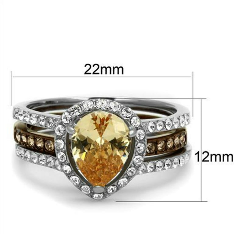 Luxe Jewelry Designs Set of 2 Women's IP Light Brown Stainless Steel Ring  with Champagne CZ Stone, 