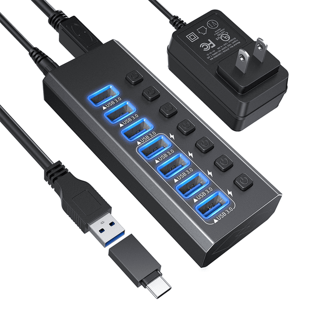 Powered USB 3.0 Hub ,7 Port USB Hub,USB Extension Data Splitter & Power Hub,For Laptop and Printer US Plug,1 x USB Hub,Black