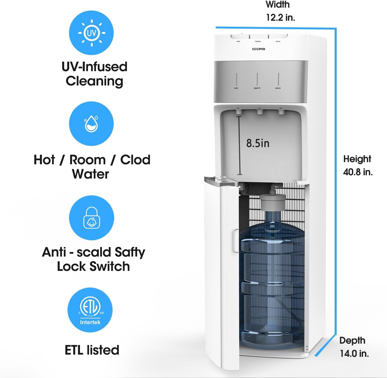 Self Cleaning Water Cooler Dispenser for 3-5 Gallon Bottles Bottom Load,Hot Cold and Room, Child Safety Lock, Empty Bottle Alert, White