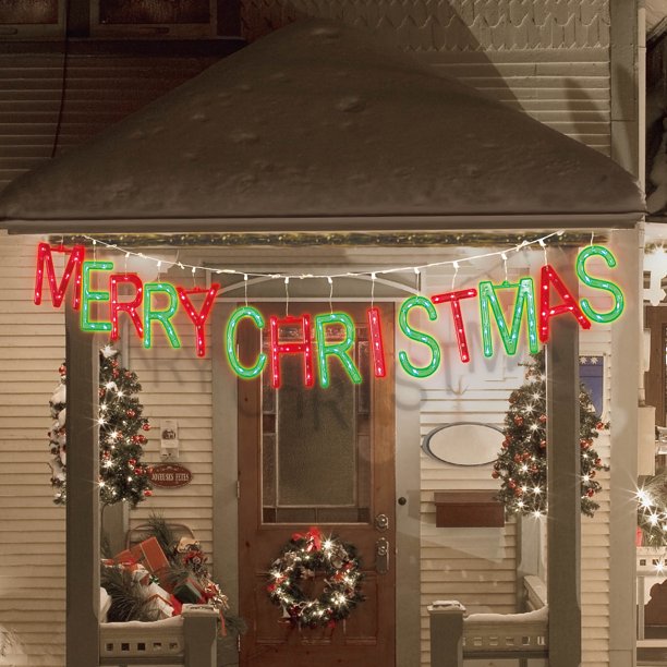 Vintage feliz navidad lighted sign Holiday Time LED Merry Christmas Banner, 115 Clear Lights, Red & Green