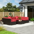 thumbnail image 2 of Outsunny 7 Piece Patio Furniture Set, PE Rattan Outdoor Conversation Set with Sectional Sofa, Glass Tabletop, Cushions and Pillows for Garden, Lawn, Deck, Deep Coffee and Wine Red, 2 of 10