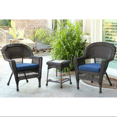 3-Piece Espresso Wicker Patio Chairs and End Table Furniture Set - Blue Cushions