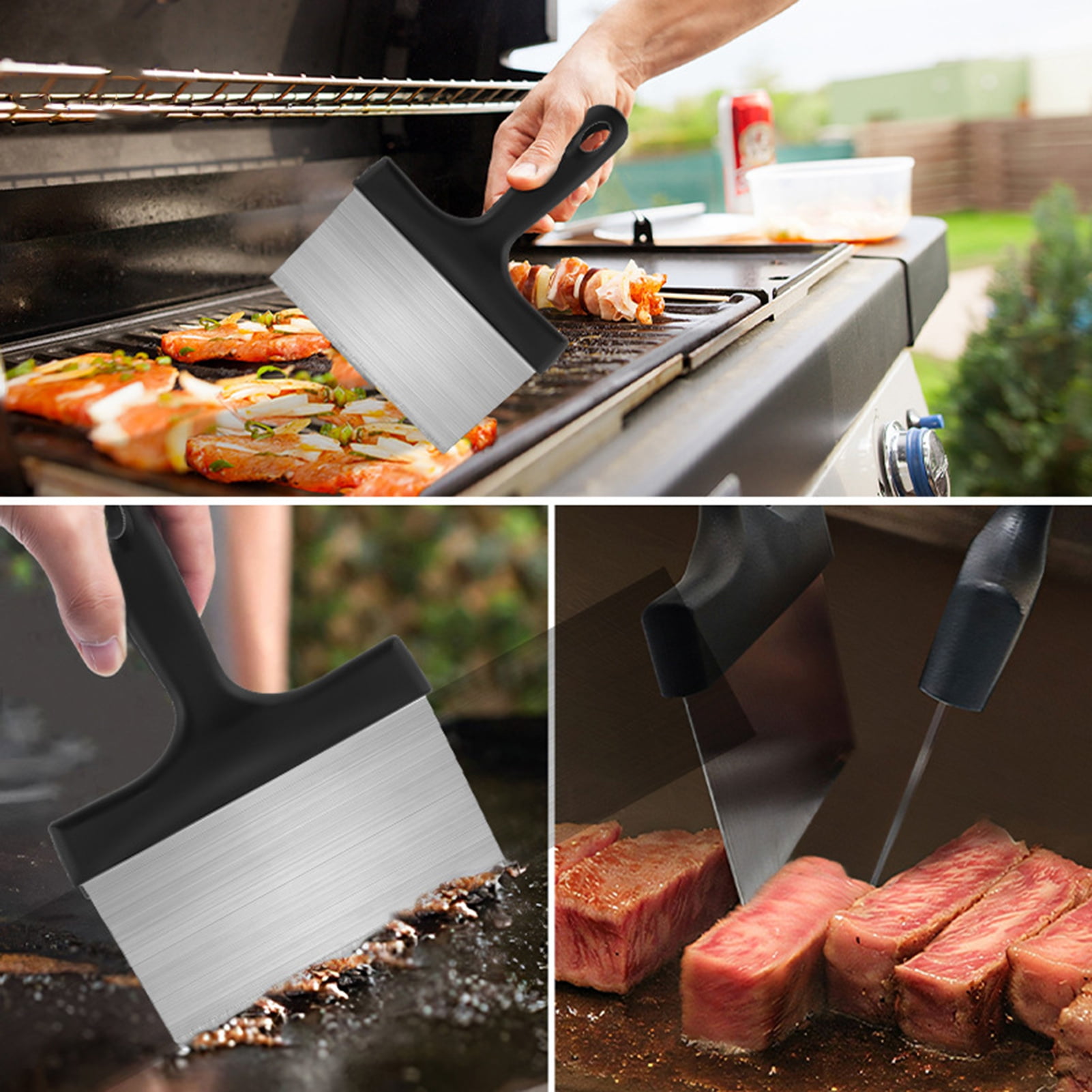 Opvise 1 Set BBQ Griddle Cleaning Tool Kit with Handle Scraper Scouring Pad Pumice Stone Brush Multifunctional Barbecue Flat Top Grill Cleaner Kit Sets