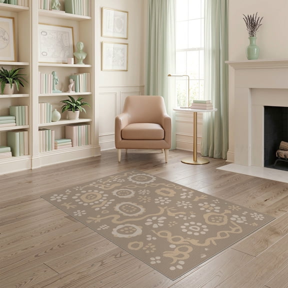 ODIKA 4'x6' Beige Cream Brown Abstract Floral Design Washable Area Rug Modern Motif with Playful Shapes Stain Resistant, Low Pile, Easy Care for Dorm Room, Small Living