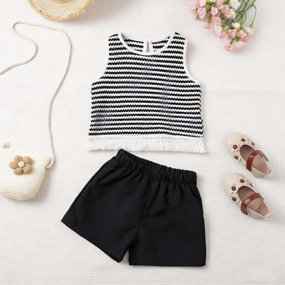 Amidoa Girls 2 Piece Outfits Summer Clothes T-Shirts Solid Color Cute Tank Top and Casual Shorts Kids Clothing Set Black Size 6