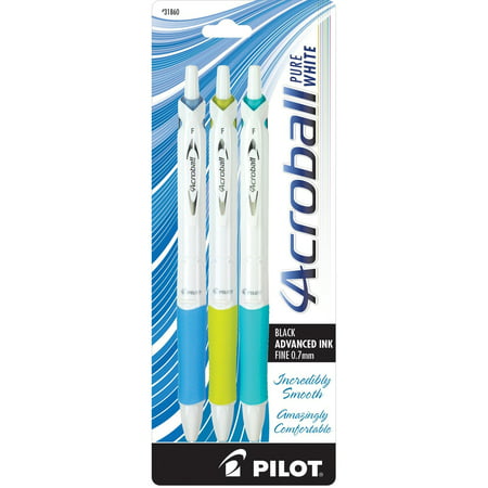 Pilot Acroball PureWhite Retractable Advanced Ink Ball Point Pens; Fine Point, Black Ink, Blue/Lime/Turquoise Accents, 3-Pack (31860) Ultra-Smooth Writing, Smear-Resistant Advanced