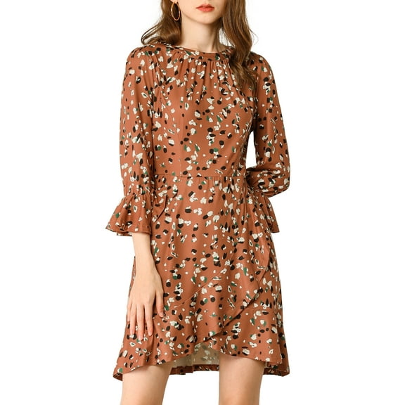 INSPIRE CHIC Women's Leopard 3/4 Bell Sleeves Asymmetrical Hem Dresses Brown XS
