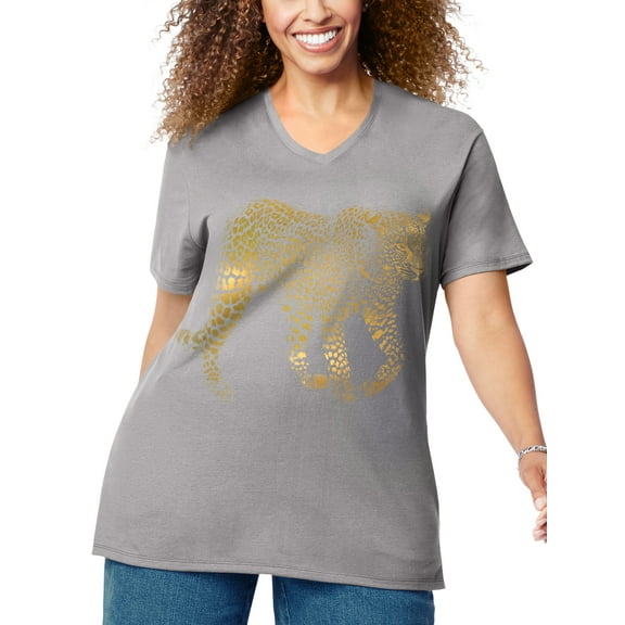 Just My Size Women's Plus Size Graphic Short Sleeve V-neck Tee