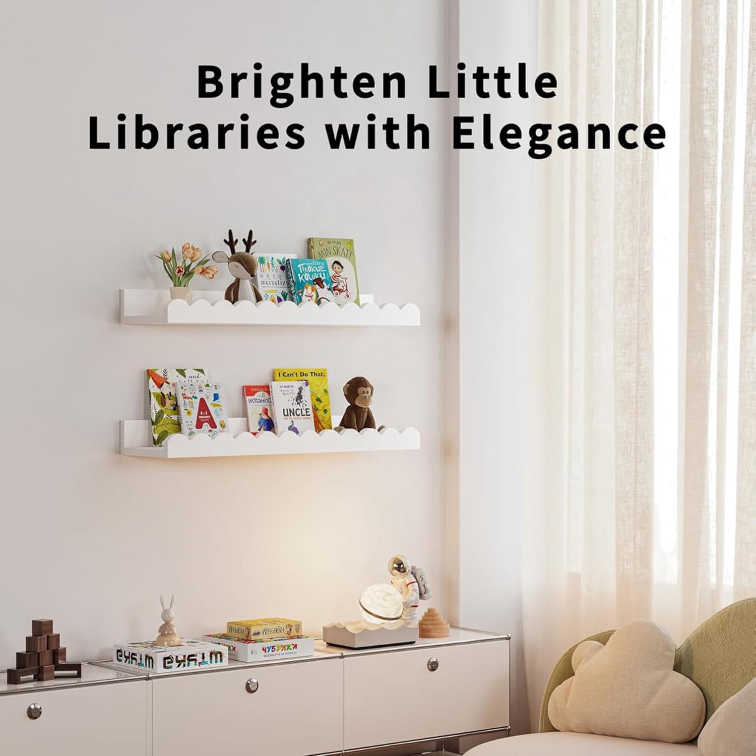 Book Shelves, 4-Pack White Floating Shelves for Wall, Scalloped Shelves, Wall Book Shelves for Bedroom
