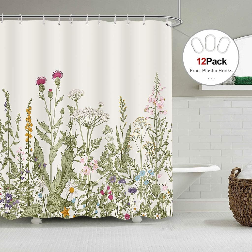 Extra Long Wildflower Shower Curtain for Bathroom Decor 72Wx84H Inch Flower Floral Vintage Botanical Accessories Herbs Plant Bathroom Set Windows Fabric Polyester Waterproof 12 Pack Hooks