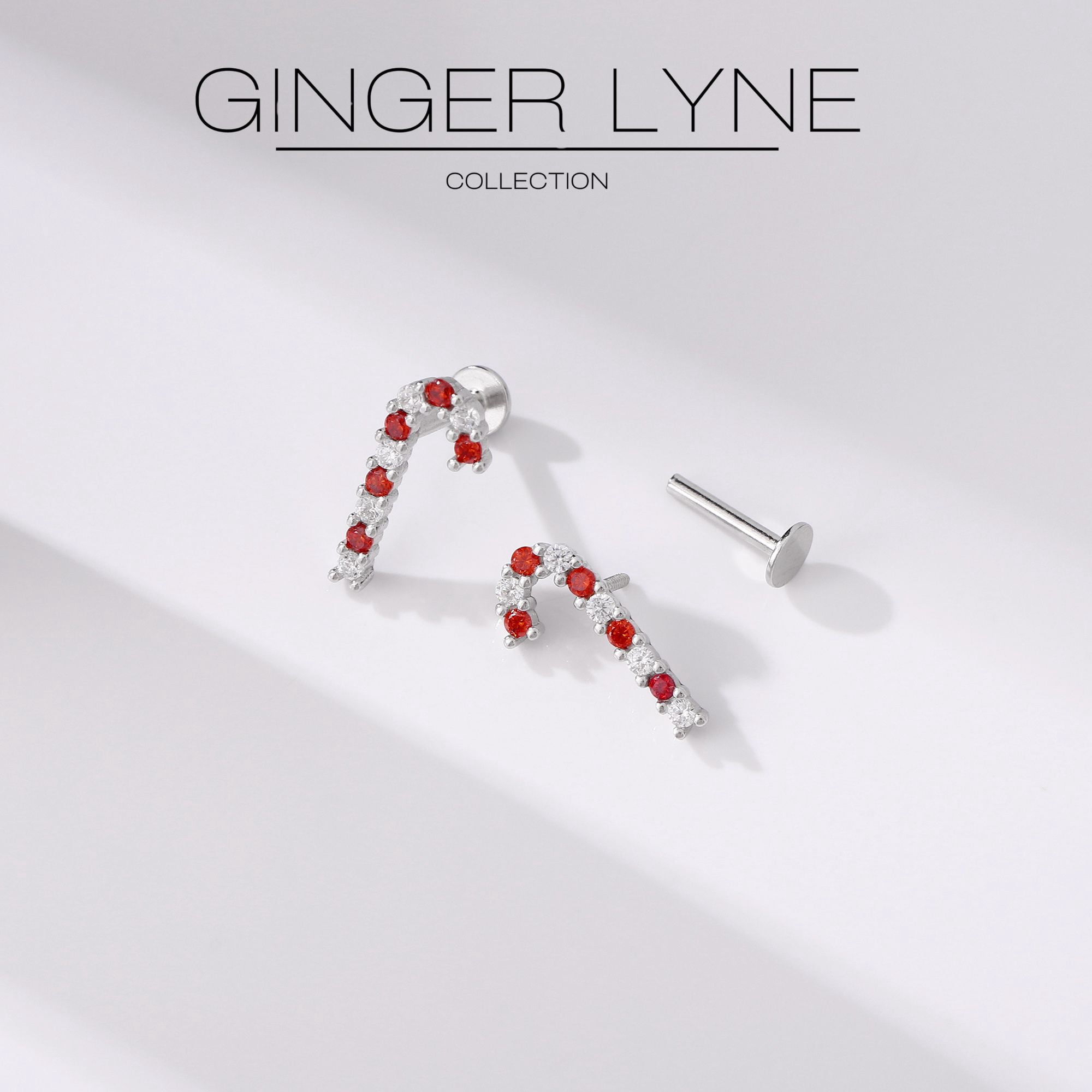 Christmas Candy Cane Flat Back Earrings for Women Sterling Silver 16g Cartilage Helix Lobe Body Piercing Stud by Ginger Lyne Collection
