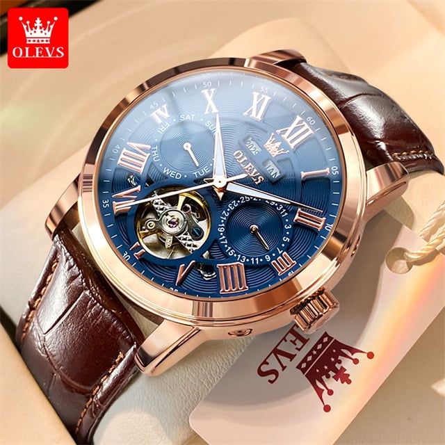 OLEVS Luxury Original Watch for Men Automatic Mechancial Wrist Watch Leather Strap Skeleton Waterproof Multifuncation Man Watch
