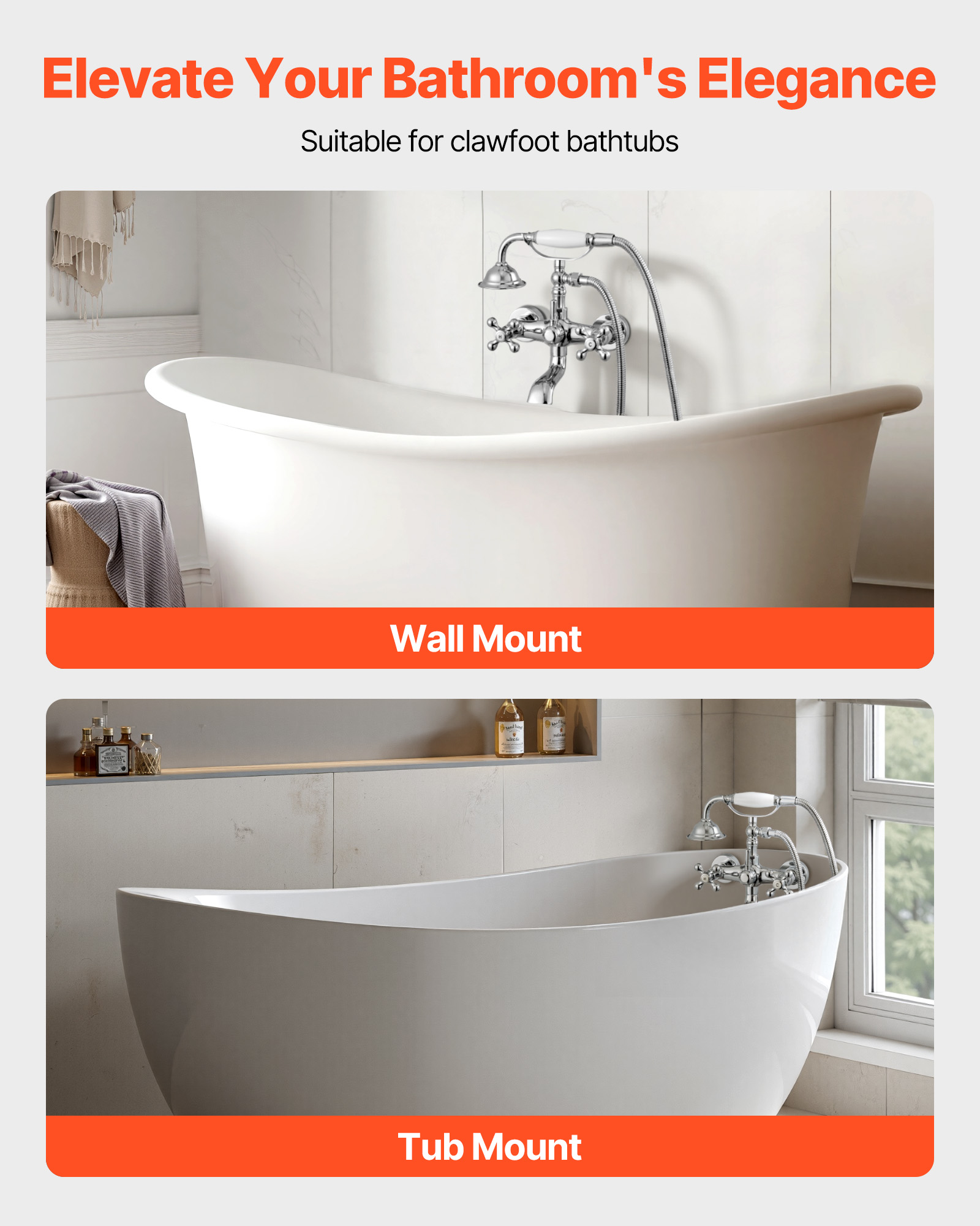 VEVOR Clawfoot Tub Faucet, Wall Mount Bathtub Faucets with Handheld Shower, Vintage Polished Chrome Clawfoot Tub Filler Faucet Shower Kit with Adjustable Swing Arms & 360° Rotation Spout for Bathtubs