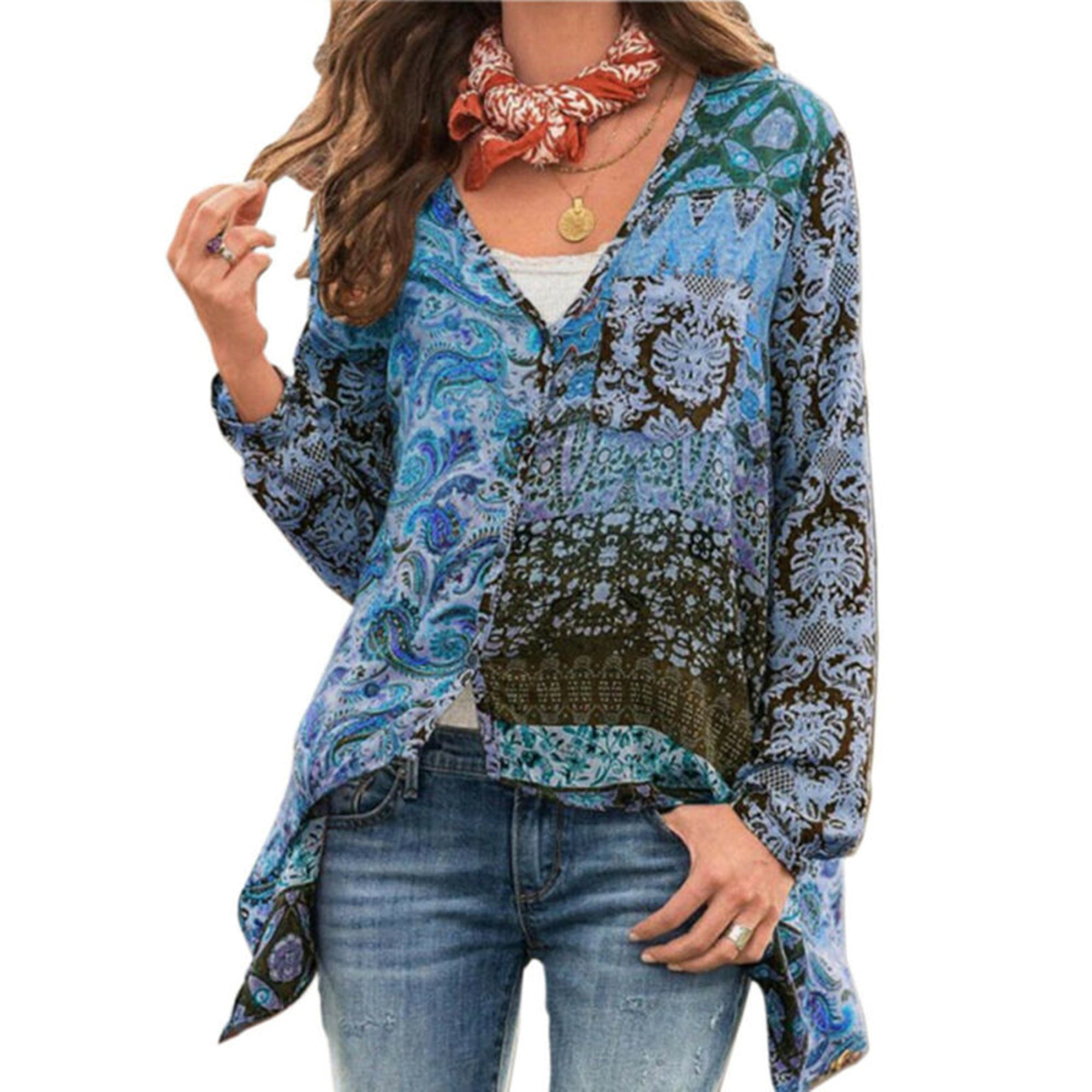 Womens Floral V Neck Long Sleeve Patchwork Tops Blouse Casual Loose Shirt Tee