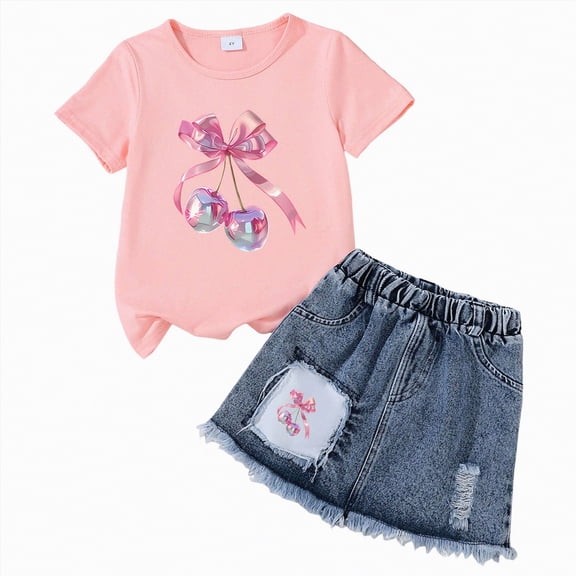 Xudanell First Birthday Outfit Girl Fashionable Set Girls Cute Cartoon Printed Short Sleeve Top Elastic Skirt Two Piece